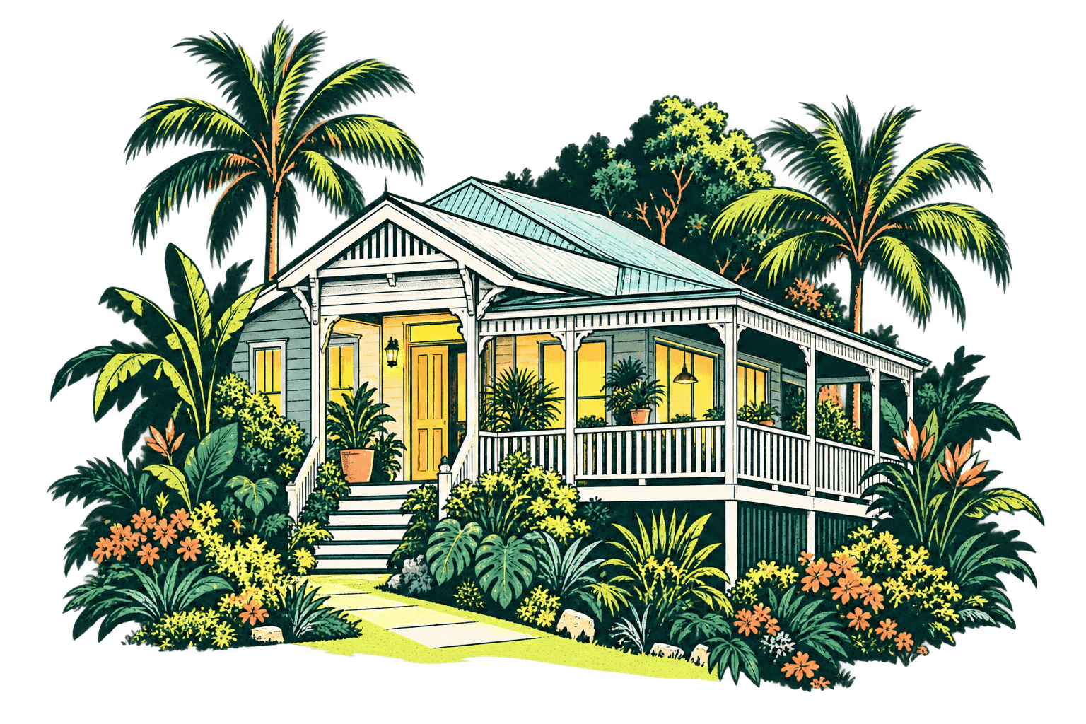 A lit Queenslander on stilts with a wide verandah, framed by palms and flowering garden.