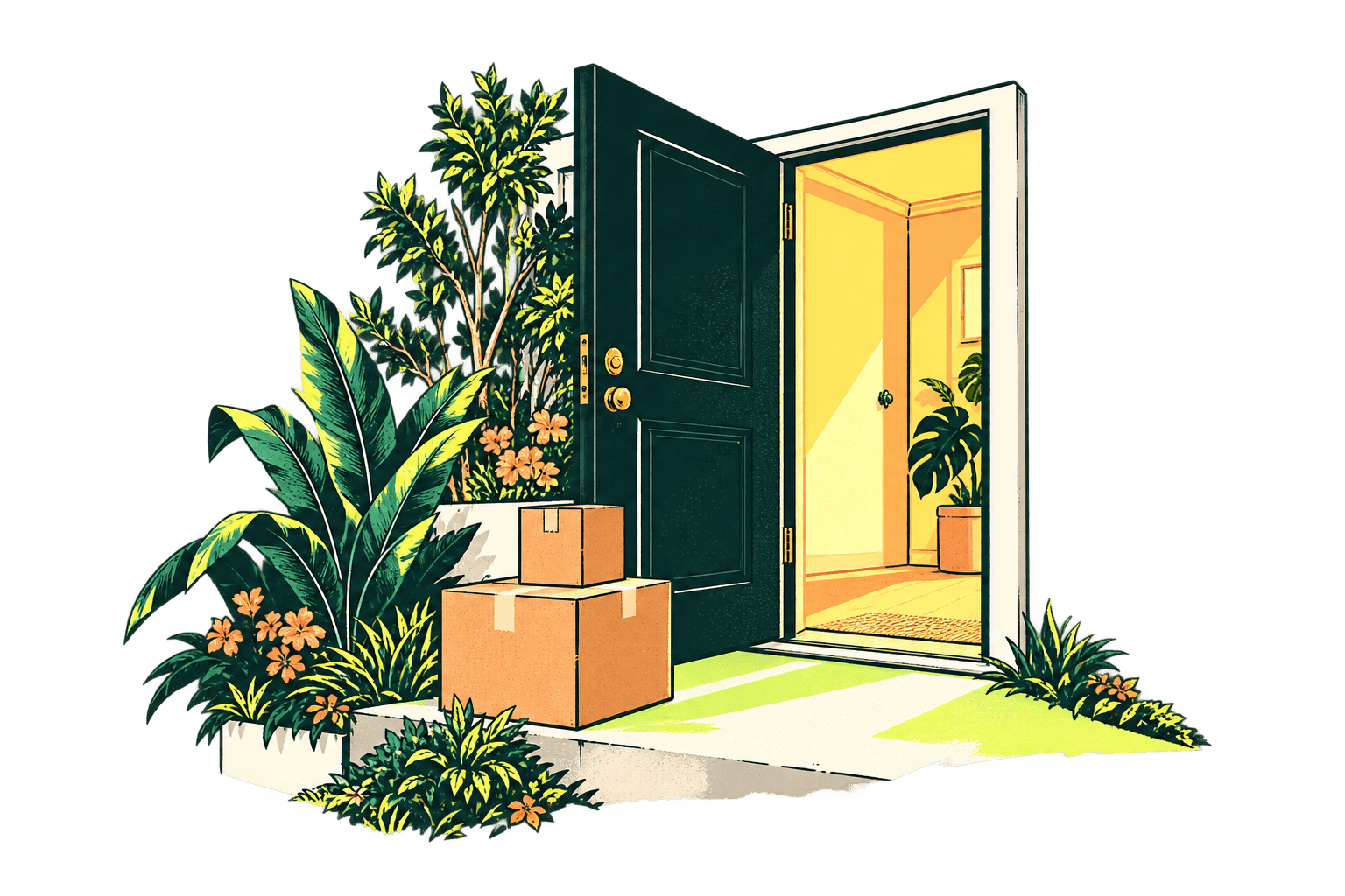 An open arched doorway glowing with warm light at the end of a planted courtyard path.