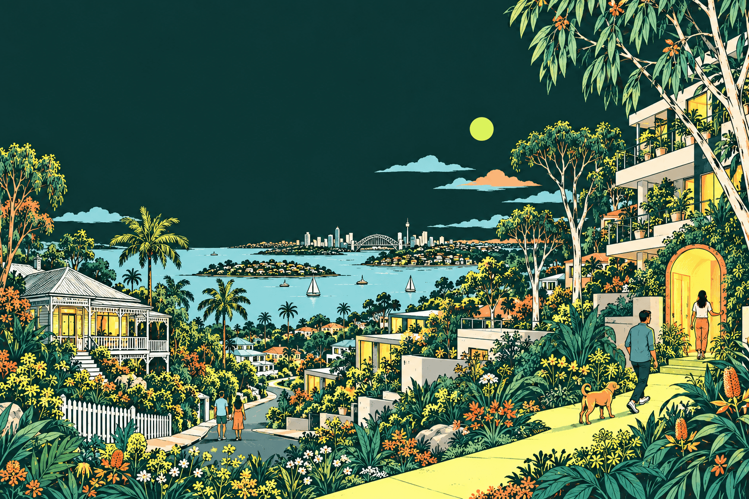 An illustrated Sydney neighbourhood at dusk: a lit Queenslander, terraced homes among gum trees, the harbour and city beyond, and a couple with their dog walking toward a glowing open doorway.